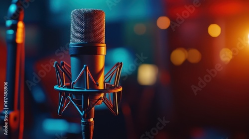 Close-up of a professional studio microphone on a stand in a sound booth during a recording session