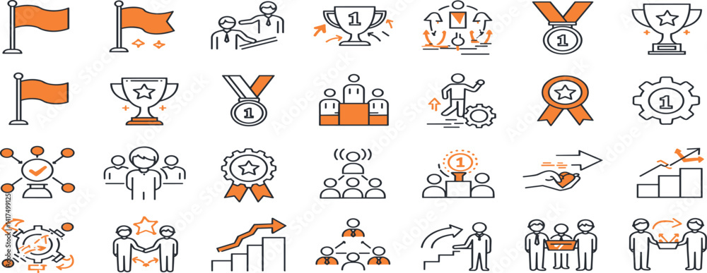 Fototapeta premium Doodle career icon set. Success winner, business goal, challenge hand drawn sketch line pen stroke style icon.