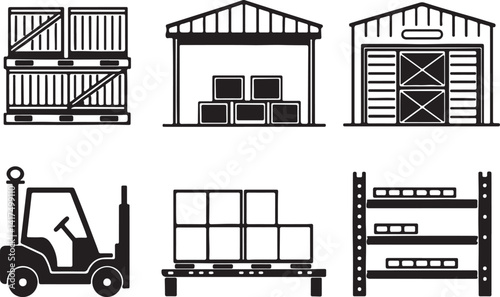Set of 6 outline icons related to the warehouse with elements. Linear icon collection. Editable stroke line art. Vector illustration.