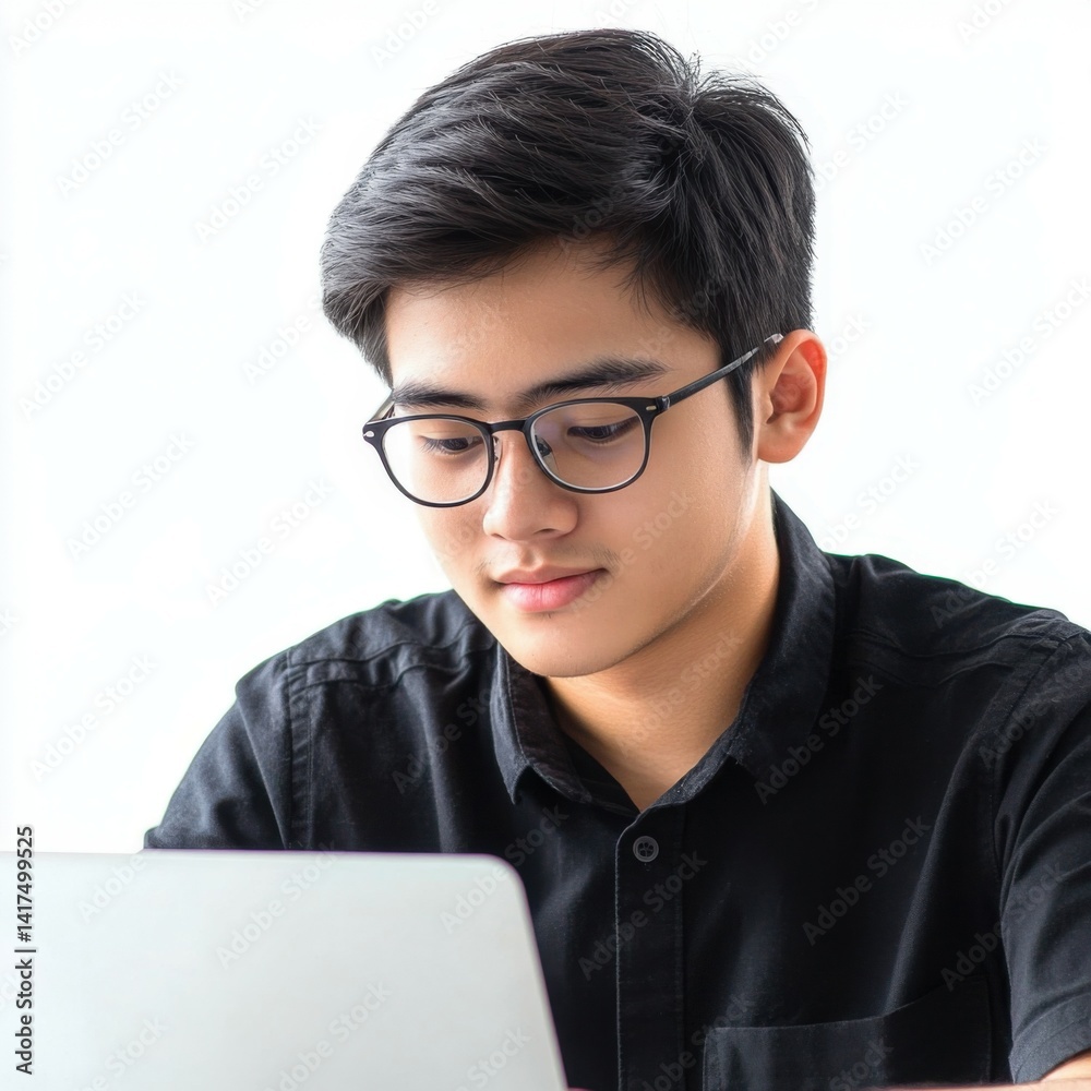 Serious high school student working on a laptop, white background for stock image, isolated Serious high school student working on a laptop, white background for stock image, isolated