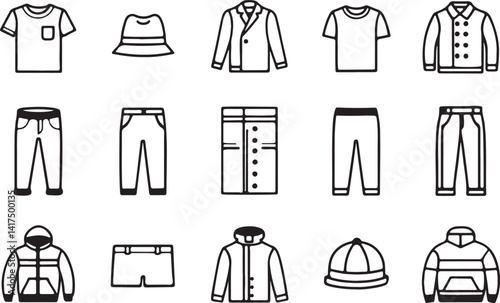 Set of 15 outline icons related to clothes. Linear icon collection of pants, shirt, hoodie, cap and more. Editable stroke line art. Vector illustration.
