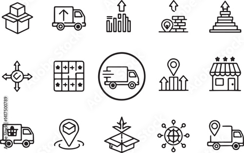 Set of 15 outline icons related to distribution elements. Linear icon collection. Editable stroke line art. Vector illustration.