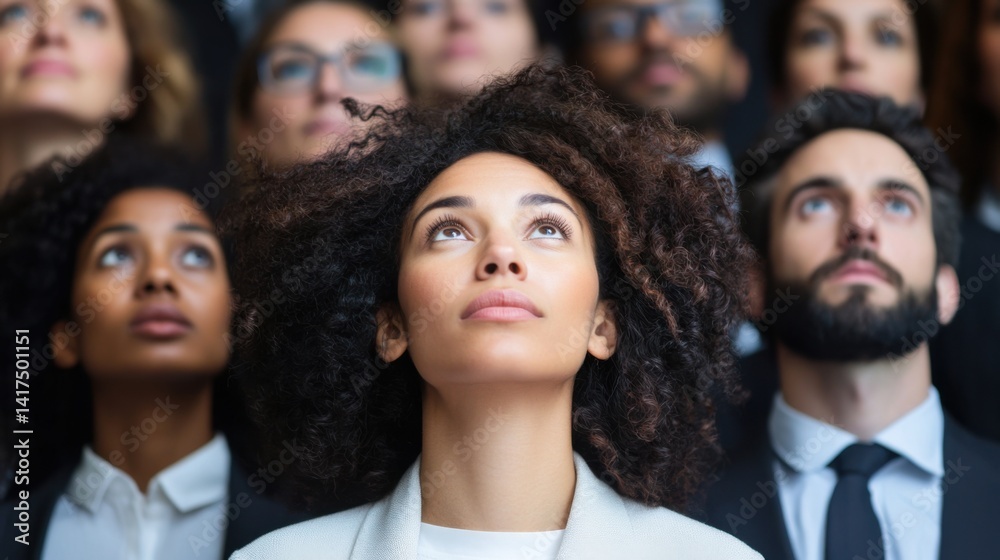 Diverse group of business people looking up, with one woman standing out in front. Diverse group of business people looking up, with one woman standing out in front.