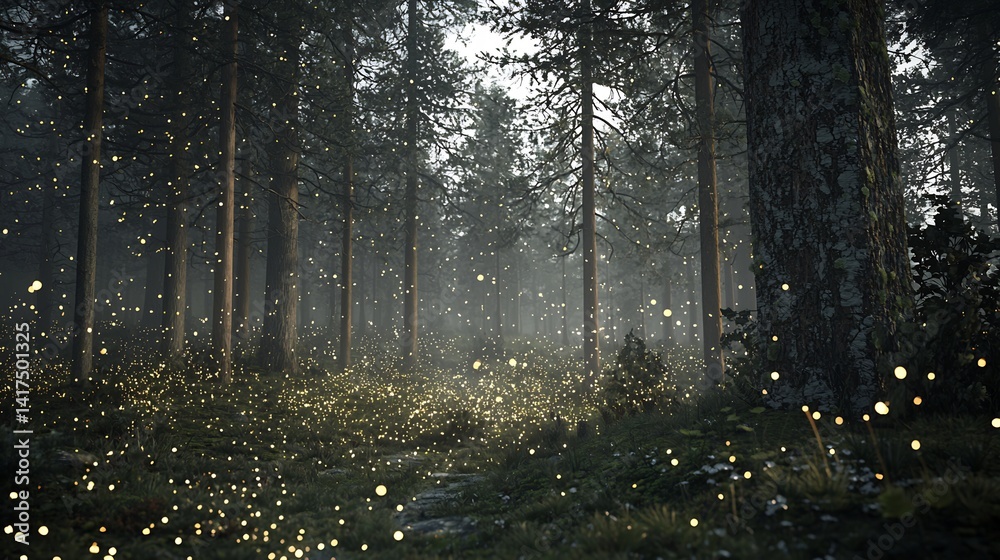 Obraz premium Enchanted Forest: A Mystical Woodland Scene with Glowing Fireflies in the Night