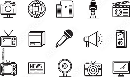 Set of 15 outline icons related to mass media. Linear icon collection of tv, camera, speaker, monitor, microphone, film and more. Editable stroke line art. Vector illustration.