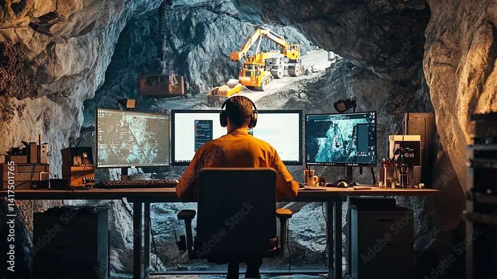 Worker at computer in a cave-like environment with machinery operating outside