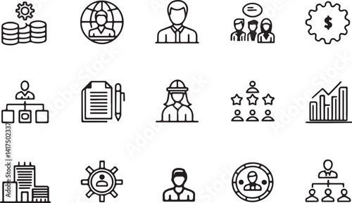 Set of 15 outline icons related to stakeholder elements. Linear icon collection man and woman, group, analytics, construction and more. Editable stroke line art. Vector illustration.