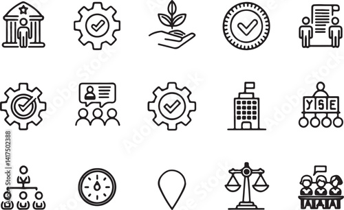 Set of 15 outline icons related to stakeholder elements. Linear icon collection. Editable stroke line art. Vector illustration.