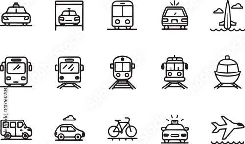 Set of 15 outline icons related to transport. Linear icon collection of bus, truck, airplane, bicycle, train, car and more. Editable stroke line art. Vector illustration.