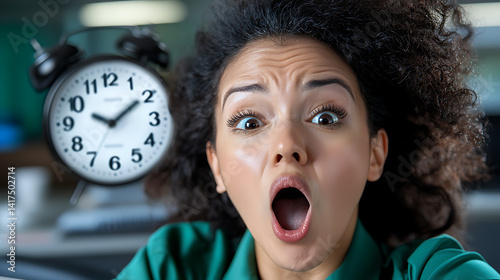 Late night office rush female employee yawning at desk urban workplace emotional moment tense environment close-up view fatigue concept