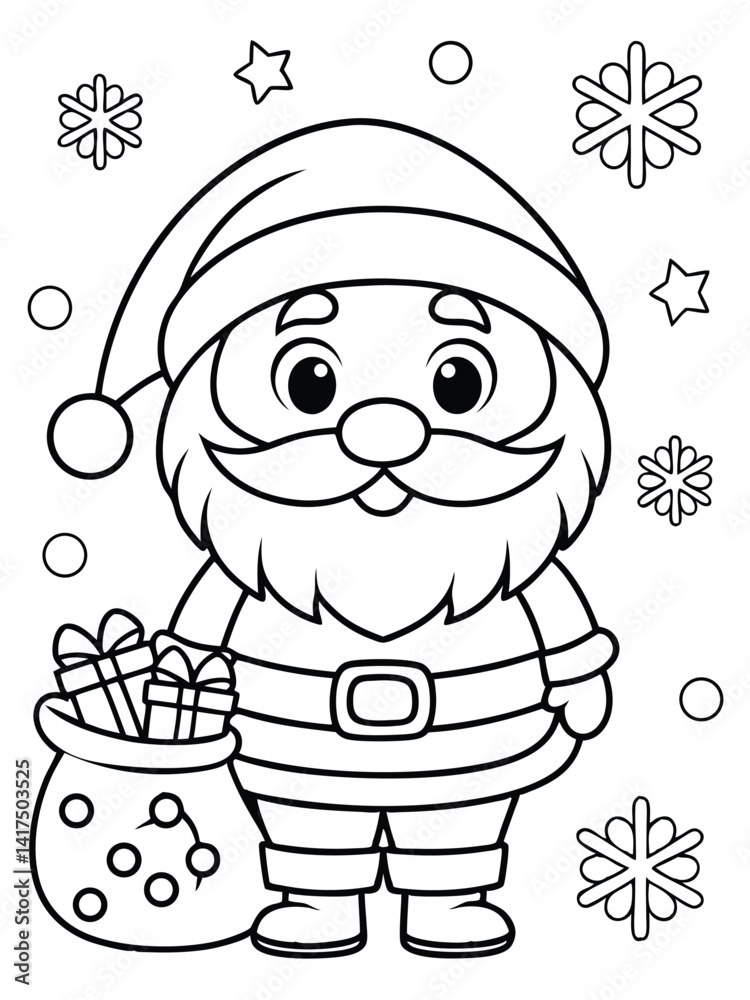 Fototapeta premium Cute Cartoon Santa Claus with Gift Bag and Snowflakes in Black and White Coloring Book Style