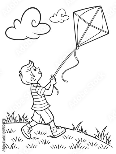 Black and White Sketch of a Child Flying Kite on a Windy Day in Retro Illustration Style
