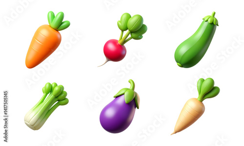 Wallpaper Mural Parsnip, Eggplant, Celery, Zucchini, Radish, Carrot – 3D Vegetable Icon Set in Glossy Minimal Emoji Style, Isolated PNG Torontodigital.ca