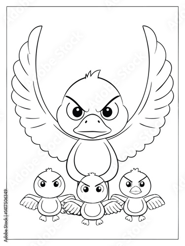 Cute Angry Mother Bird and Chicks Coloring Page Printable Illustration