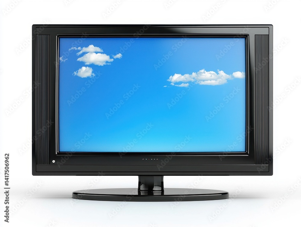 Modern Black Television with Blank Screen and Blue Sky Background Modern Black Television with Blank Screen and Blue Sky Background