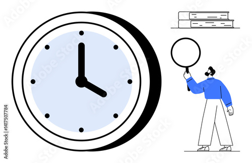Large clock, man with magnifying glass, and book stack emphasize focus, productivity, and organization. Ideal for education, time management, workplace, research productivity planning simple