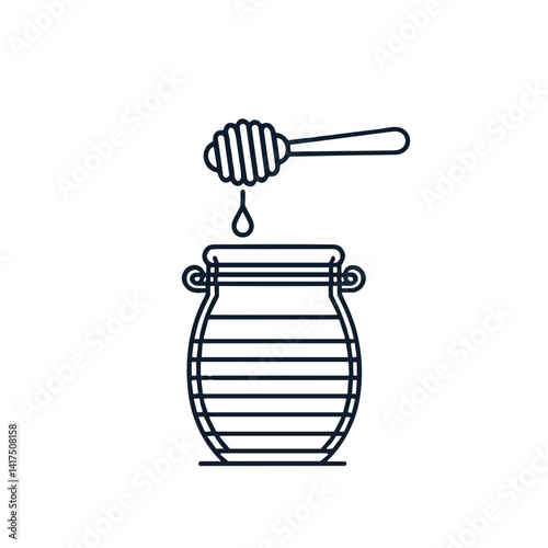 Minimal outline illustration of a honey jar with dipper isolated on white background