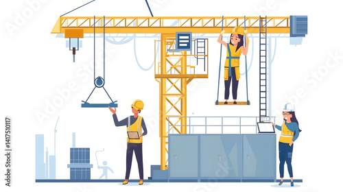 Professional industrial worker fixing hoist sling on indoor crane for maintenance and repairs