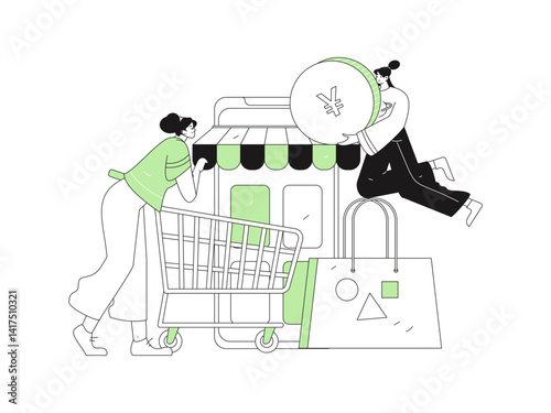 Holiday shopping people doing e-commerce online shopping flat vector concept operation hand drawn illustration
