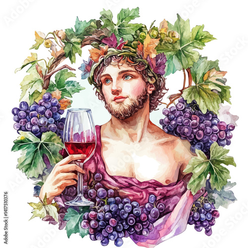 watercolor of Roman God Bacchus Surrounded By Grapes And Wine, vector, isolated on a white background.