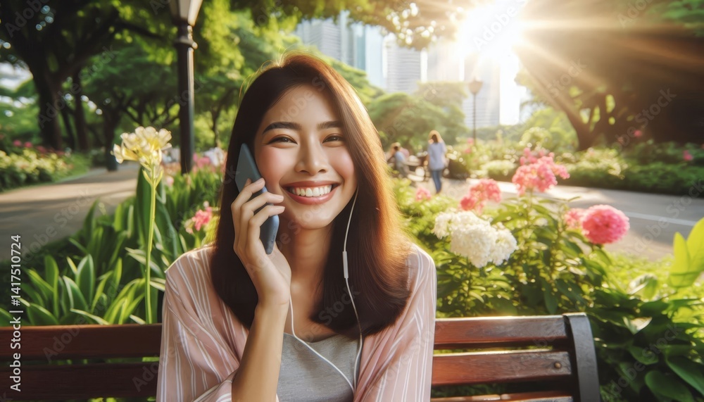 Young Female Asian Calling on the Phone - Beautiful Woman holding a Smartphone and Using it - In Outdoors environment - Business Call on Mobile, City or Nature - Millenials or Zoomers Young Female Asian Calling on the Phone - Beautiful Woman holding a Smartphone and Using it - In Outdoors environment - Business Call on Mobile, City or Nature - Millenials or Zoomers