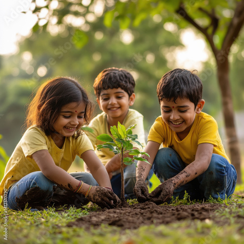 Indian children group planting tree