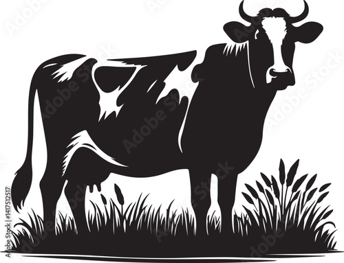 A silhouette of a cow standing in a field of tall grass against a white background illustration