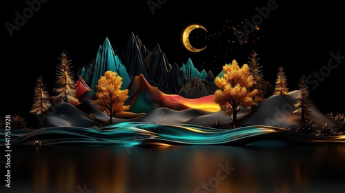 Colorful 3D landscape at night with trees and crescent moon