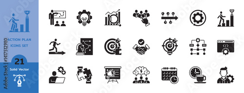 Action plan glyph icon set. Containing planning, schedule, strategy, analysis, goal, collaboration and objective icons. Solid icon collection.