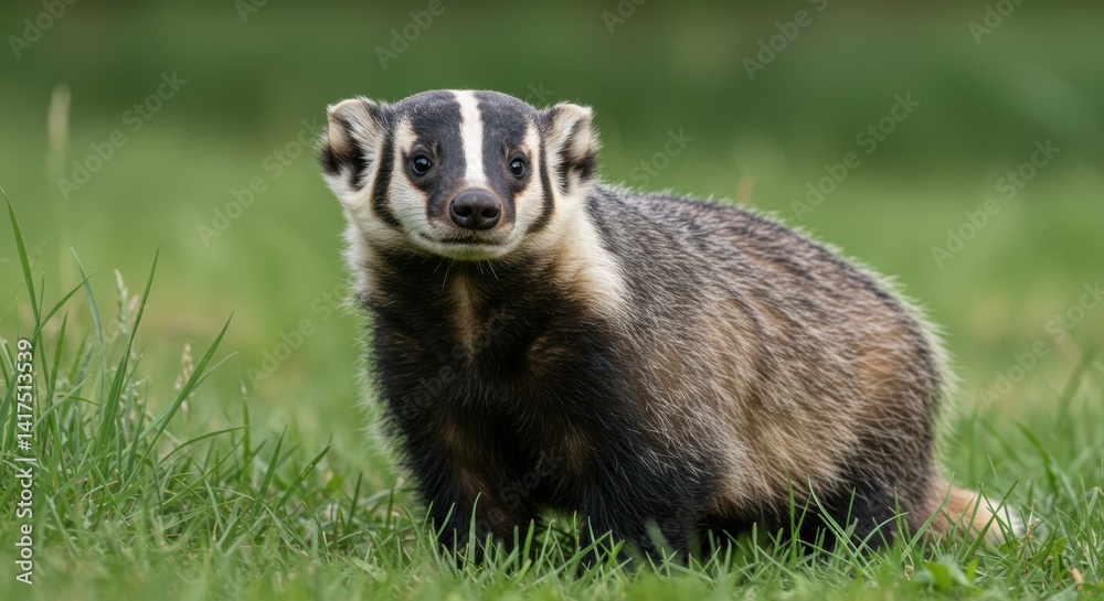 Curious American Badger Approaching Camera While Standing on Green Grass Field Curious American Badger Approaching Camera While Standing on Green Grass Field