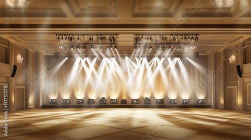 Grand ballroom stage prepared for spectacular event with professional lighting