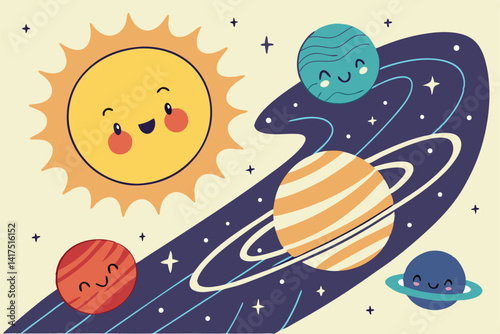 51 Cartoon planets, solar system icons, colorful celestial bodies, stylized space objects, sun and planets illustration, astronomy for kids, vibrant cosmic spheres, planetary design elements, galaxy e