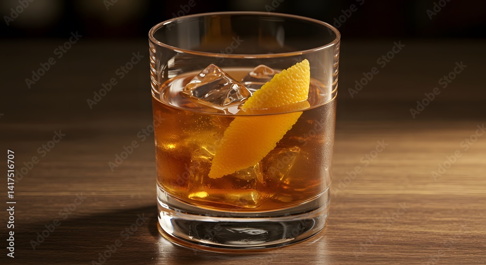 Old Fashioned Cocktail with Bar, and Ice. Old Fashioned Cocktail with Bar, and Ice.