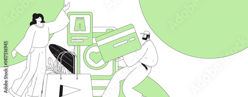Holiday shopping people doing e-commerce online shopping flat vector concept operation hand drawn illustration
