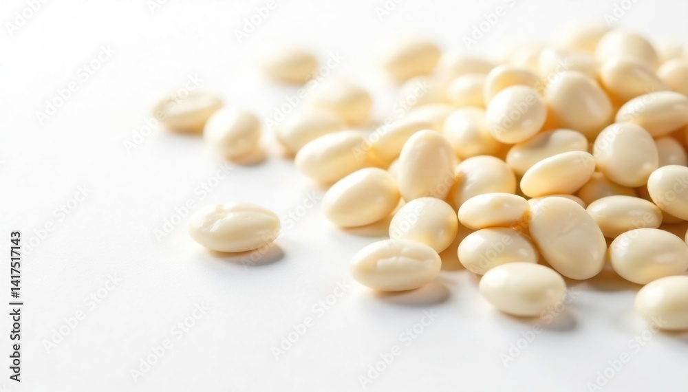 Scattered white beans on pristine white background, backdrop, photography Scattered white beans on pristine white background, backdrop, photography