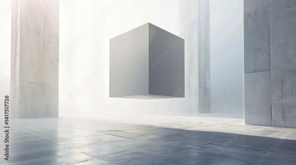 Fototapeta premium Grey floating cube in modern interior design space
