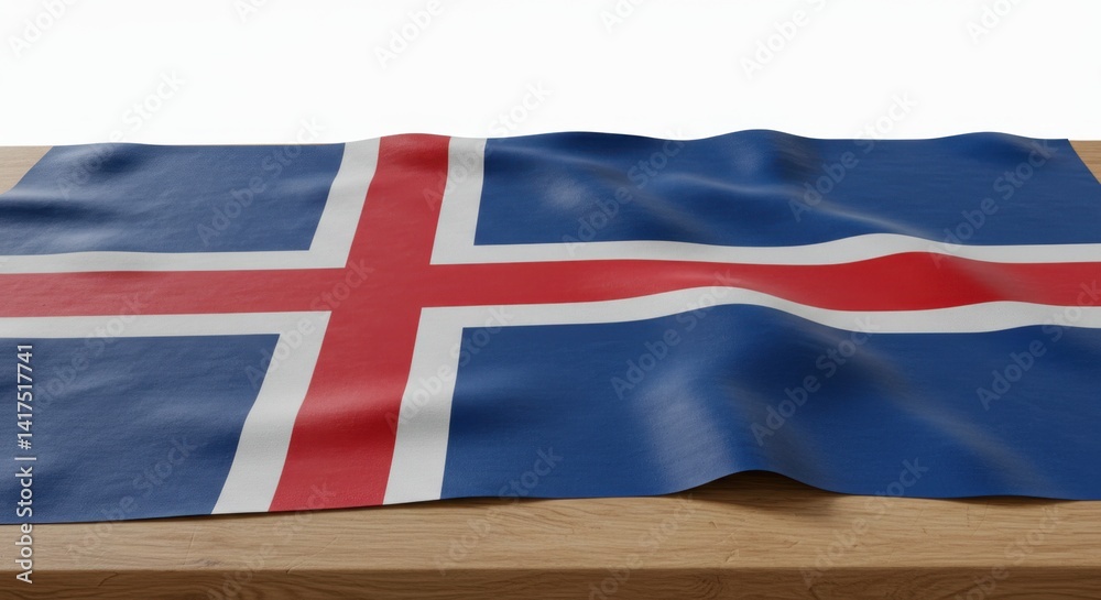 Fototapeta premium Icelandic Flag Draped on Wooden Surface: A Close-Up View of the National Symbol