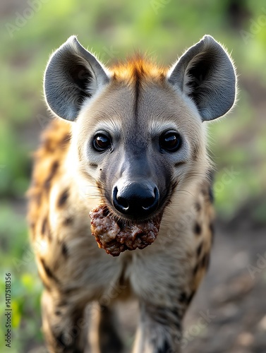 Hyena Carrying Food Looks Directly at Camera in African Savanna