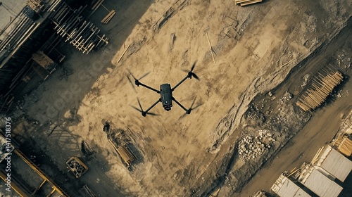 Aerial inspection using drone technology at construction site, top angle view