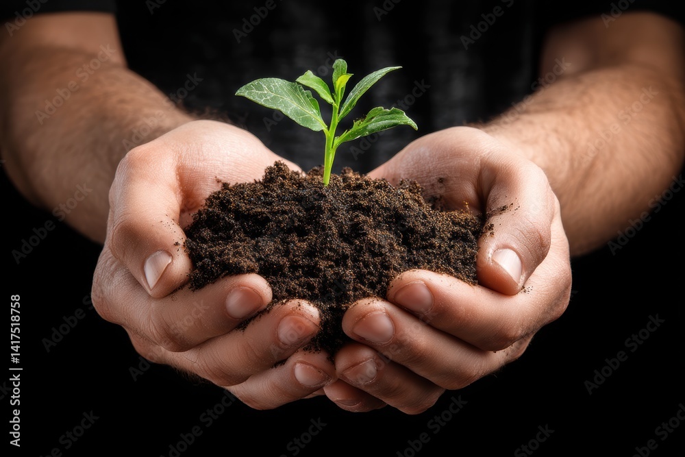 Hands hold fertile soil with a young plant sprouting, symbolizing growth and environmental care Hands hold fertile soil with a young plant sprouting, symbolizing growth and environmental care