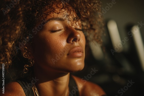 Close up portrait of a determined, sweaty woman resting after a hard workout with her eyes closed, feeling relaxed and empowered after a grueling training session indoors.