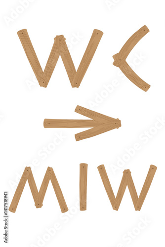 WC public toilet sign with arrow, man, woman. Vector illustration drawn in cartoon style, decorated with wooden structure and nails.
