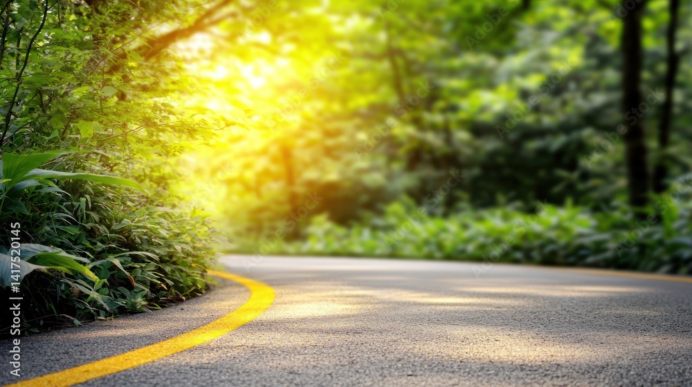 Obraz premium Winding road through lush forest, sunlight streaming through trees. Use for travel, adventure, nature