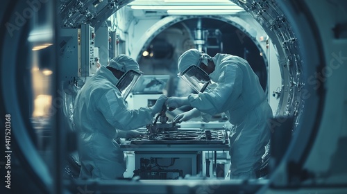 Bild auf Leinwand Two technicians in sterile suits work meticulously inside a space station, ensuring equipment is properly configured and safe for operations