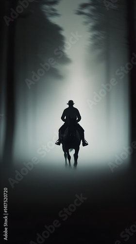 A silhouette of a lone rider galloping through a thick, fog-filled forest.

