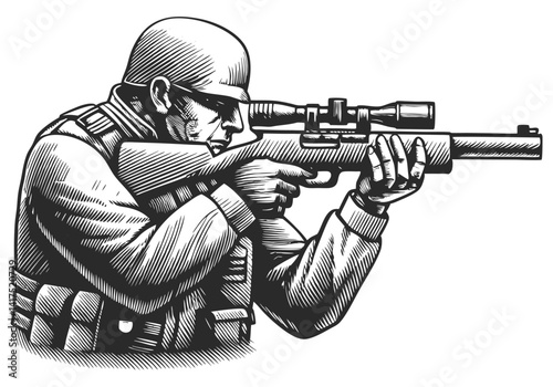 Engraved style vector illustration of a uniformed police officer aiming a rifle in shooting stance with detailed tactical gear and attire

