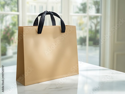 A large plain kraft paper bag with a black ribbon handle, sitting on an empty white marble table in front of French windows.