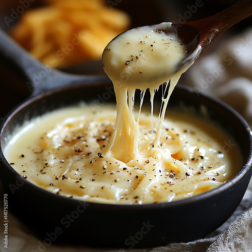 Creamy cheese sauce with smooth texture, garnished with black pepper, served in cast iron skillet. This delicious sauce is perfect for pasta or as dip, evoking comfort and indulgence