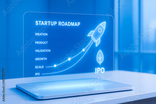glowing timeline UI shaped like rocket trajectory shows startup phases from ideation to IPO on futuristic desk