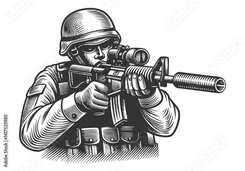 Engraved style vector illustration of a uniformed police officer aiming a rifle in shooting stance with detailed tactical gear and attire

